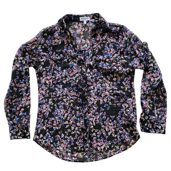 EXPRESS PORTOFINO Button Up Black Sheer Floral Print Top Roll Tab Sleeves Sz S/P - Picture 8 of 10